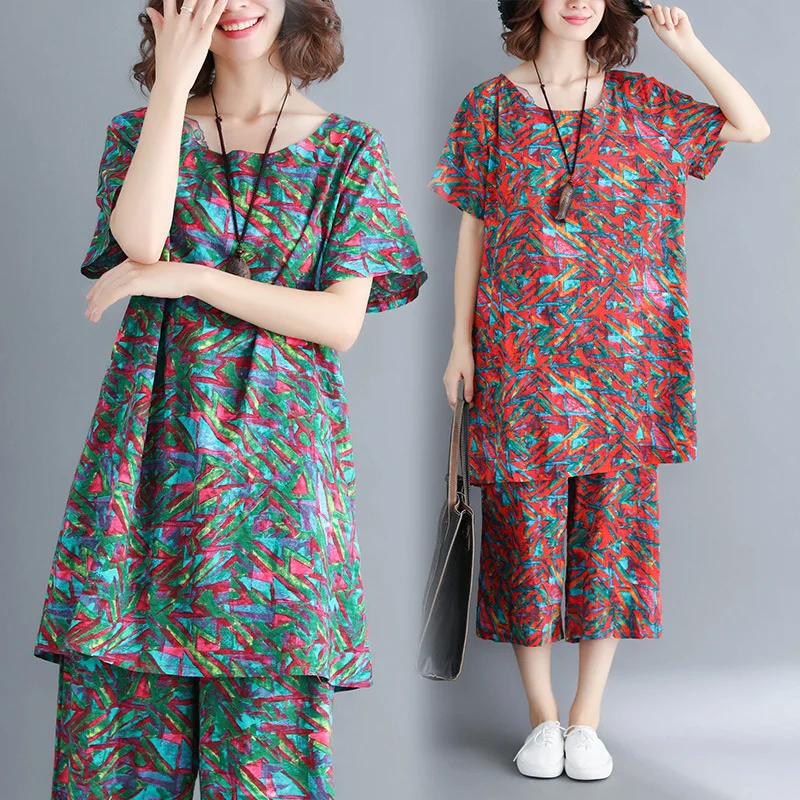 

Photo Shoot 2019 Summer Wear New Style Fat Mm Literature And Art Loose And Plus-sized Cotton Linen Set Tops + Pants
