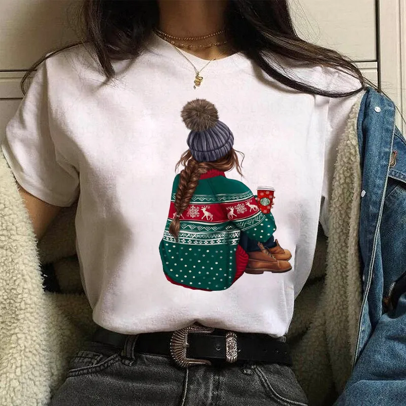 

Merry Christmas Fashion Coffee Girl Boss T-shirt Short Sleeve Harajuku Ullzang Cartoon Pattern Print 90s Street Clothes Tee Tops
