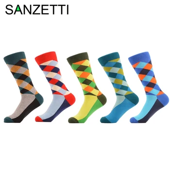 

SANZETTI 5 pair/lot Design Socks Oil Painting Combed Cotton Brand Harajuku Men Socks Colorful Dress knit Crew Long Funny Socks