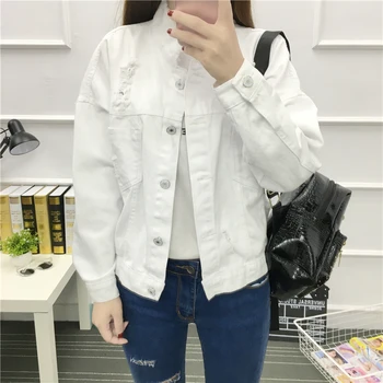 

Ripped Hole Jeans Jacket Coat Plus Size Stand Neck Denim Jacket Women Autumn Winter Harajuku Oversized Outerwear Single-breasted