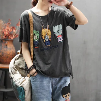 

4 Colors 2020 Summer Fashion China Style Cartoon Patchwork O-neck Short Sleeve T-shirt Female Casual Loose Tee Tshirts SA458S50