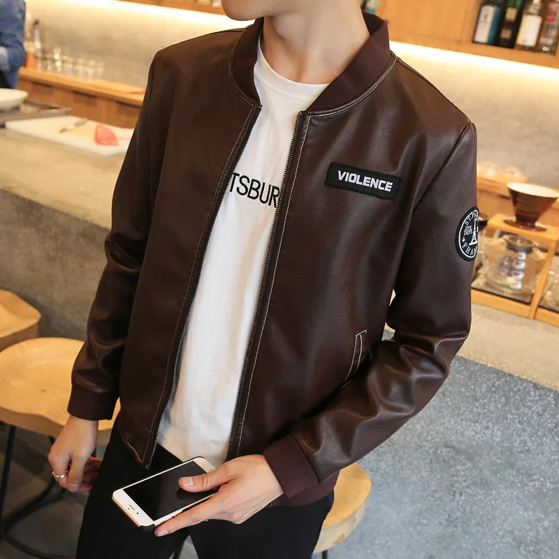

Spring And Autumn New Style Youth Men Solid Color Slim Fit Hong Kong Style Baseball Collar Thin PU Leather Jacket outside