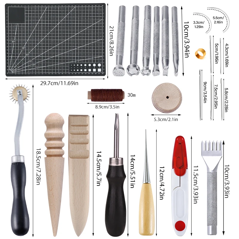 IMZAY Leather Tools Accessories Set With Leather Punch Tool Leathercraft Stamp Tools Sewing Needles A4 Cutting Mat