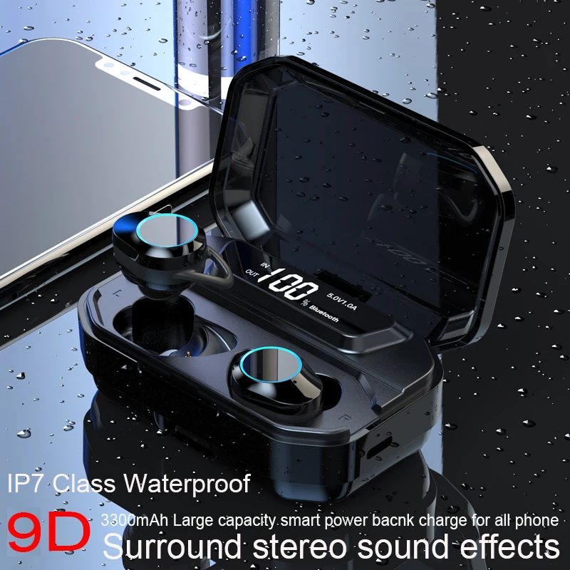 TWS 5,0 Bluetooth 9D стерео наушники беспроводные наушники IPX7 водонепроницаемые наушники 3300 мАч светодиодный умный внешний аккумулятор для телефона GX192