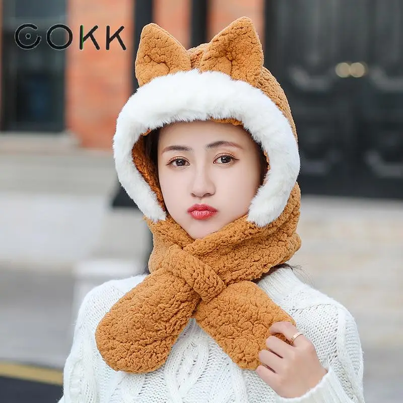 

COKK Cute Hat With Fox Ear Thickened Velvet Warm Knitted Cap Winter Hats For Women With Collar Windproof Christmas Gift Hat 2019