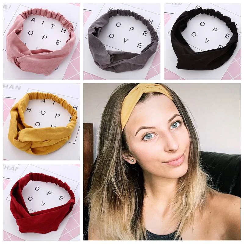 

2019 fashion Women Spring Autumn Suede Headband Vintage Cross Knot Elastic Hair Bands Soft Solid Girls Hairband Hair Accessories