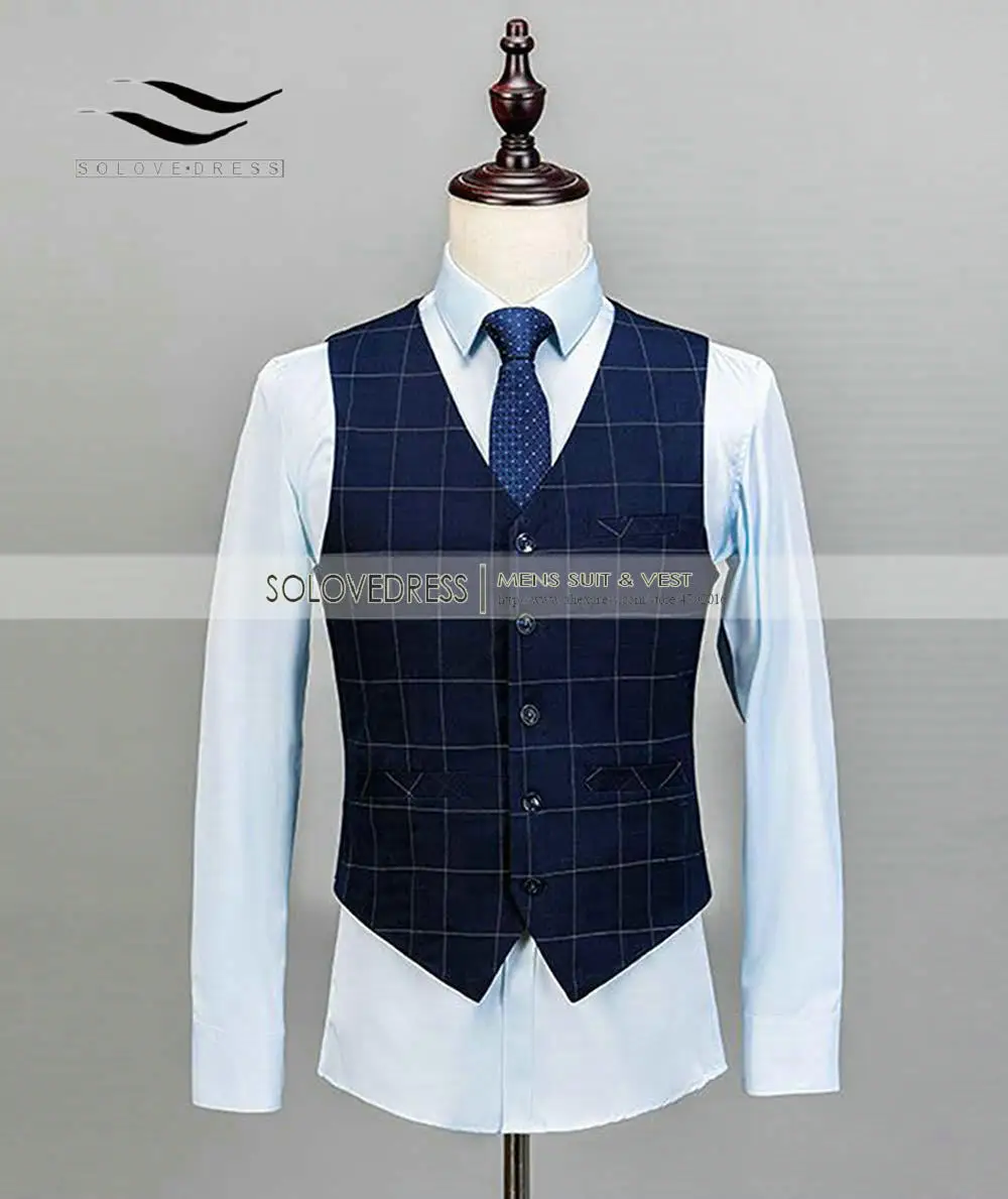 Royal Blue 3 Pieces Mens Suits Plaid Slim Fit Wedding Suits Groom Tweed Wool Tuxedos For Wedding (Jacket+Pants+Vest)