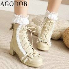 

AGODOR Sweet Lolita Shoes for Women Chunky Heel Ankle Boots Bow Shoes Block Heel Lace Up Women Booties Winter Snow Boots Lace