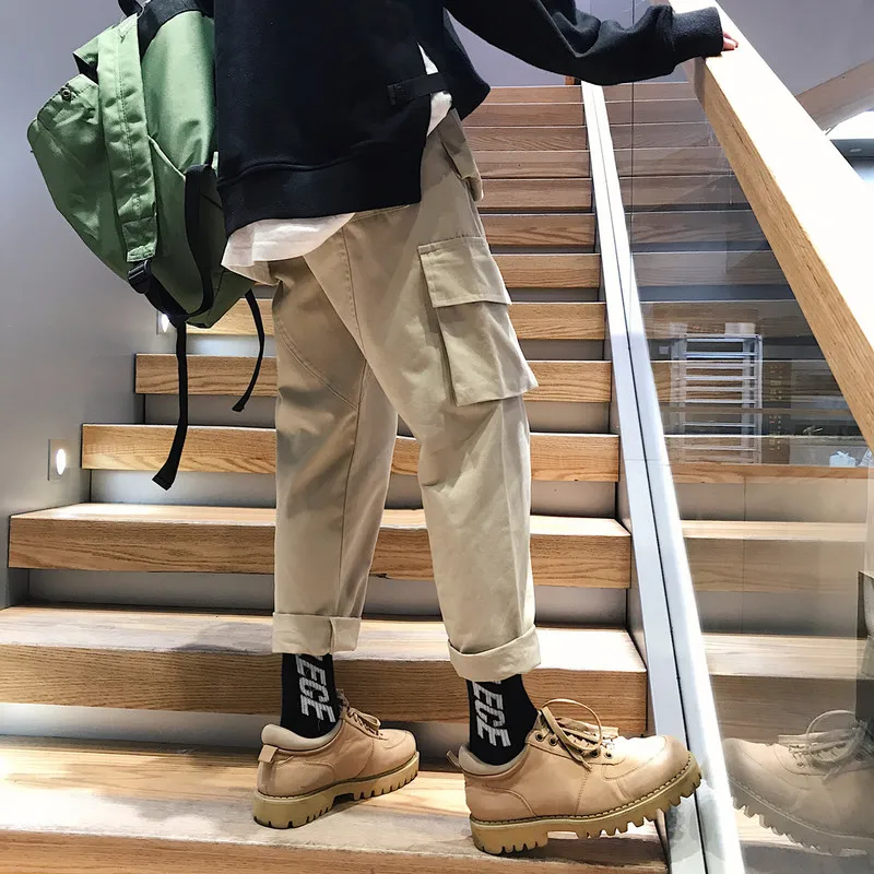 Liketkit Men's Vintage Cargo Pants Male Hip Hop Khaki Pockets Joggers Pants Male Korean Fashion Sweatpants Winter Overalls