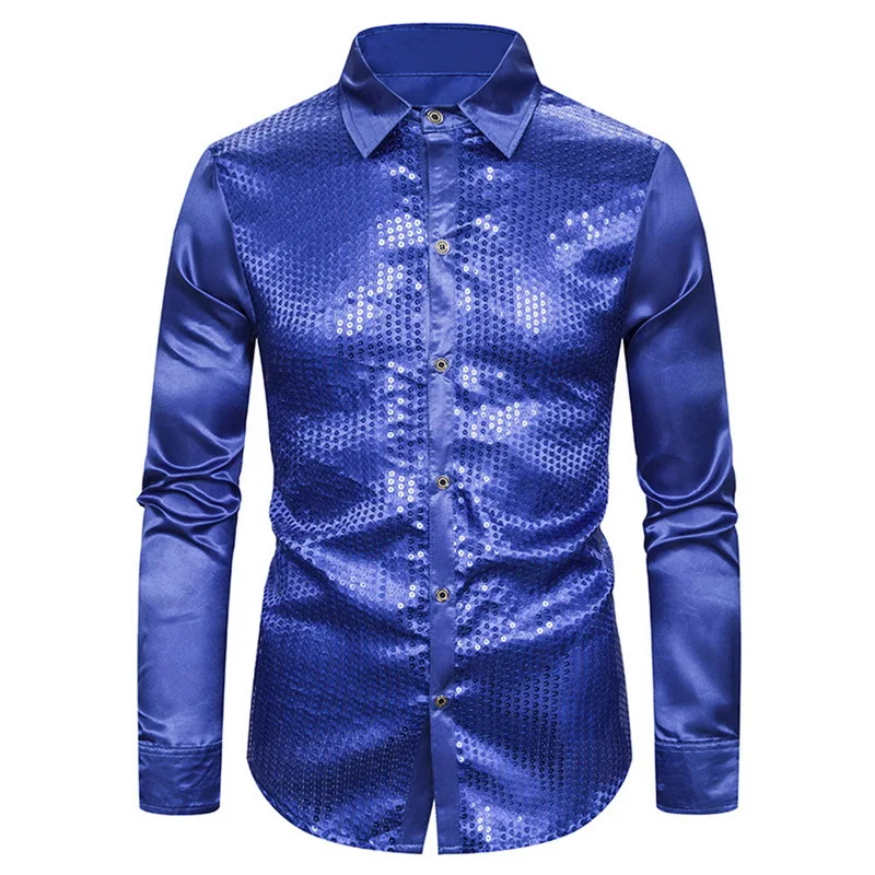 HEFLASHOR, мужские роскошные блестящие рубашки с блестками, новые шелковые атласные блестящие вечерние рубашки с длинным рукавом для дискотеки, Мужской Топ для сцены, танцев, выпускного бала - Цвет: Blue