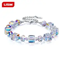 Настоящее 925 пробы серебряный австрийский кристалл сахарный кубический браслет Сияющий AB Цвет Изысканный роскошный модный браслет ювелирные изделия