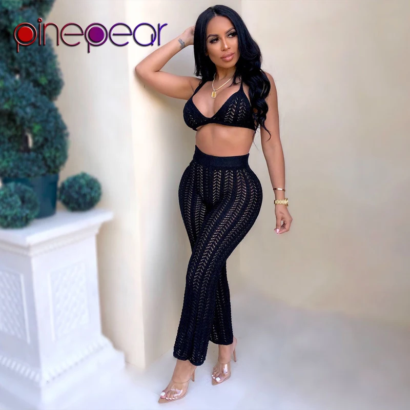 

PinePear 2020 High Quality Knitted Fishnet Bra + Straight Pants 2 Piece Set Women See Through Sexy Club Jumpsuit Drop Shipping