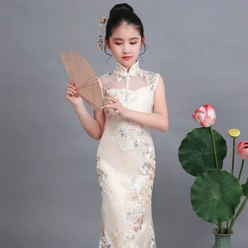 

Tick Tok Girl's Cheongsam Summer Long Split Girl's Chinese Tang Style Princess Dress Lace Host Zither Show Performance Clothes