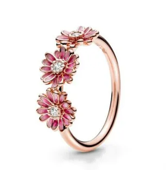 

Original 925 Sterling Silver Ring Rose Pink Daisy Flower Trio With Crystal Rings For Women Wedding Party Gift Fashion Jewelry