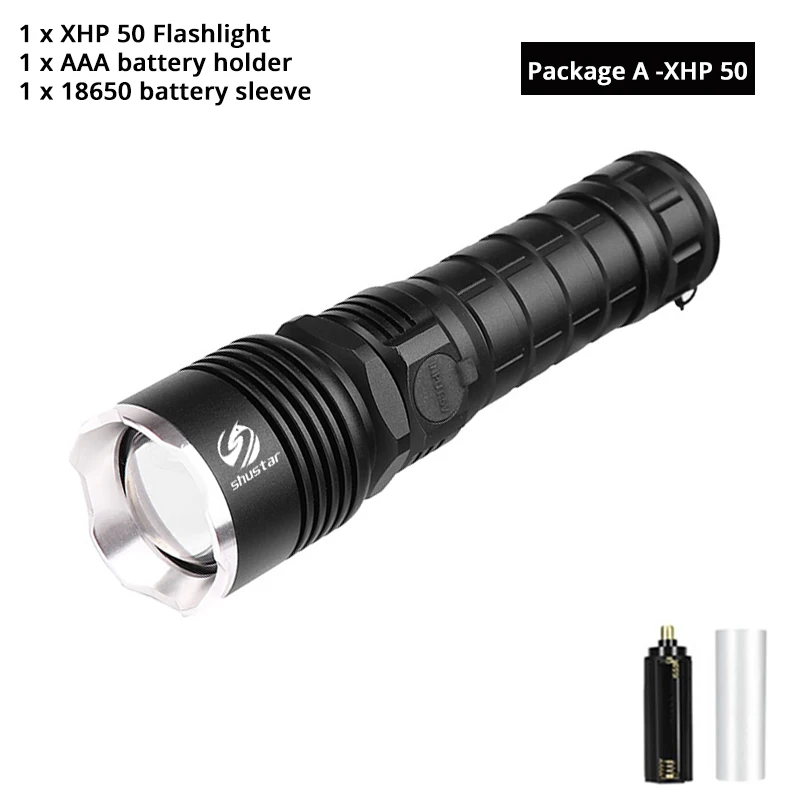 XHP50-Package A Мощный XHP70.2 светодиодный фонарик масштабируемый 3 режима освещения Водонепроницаемый тактический светодиодный фонарь, используемый для охоты, приключений и т. д - Испускаемый цвет: XHP50-Package A