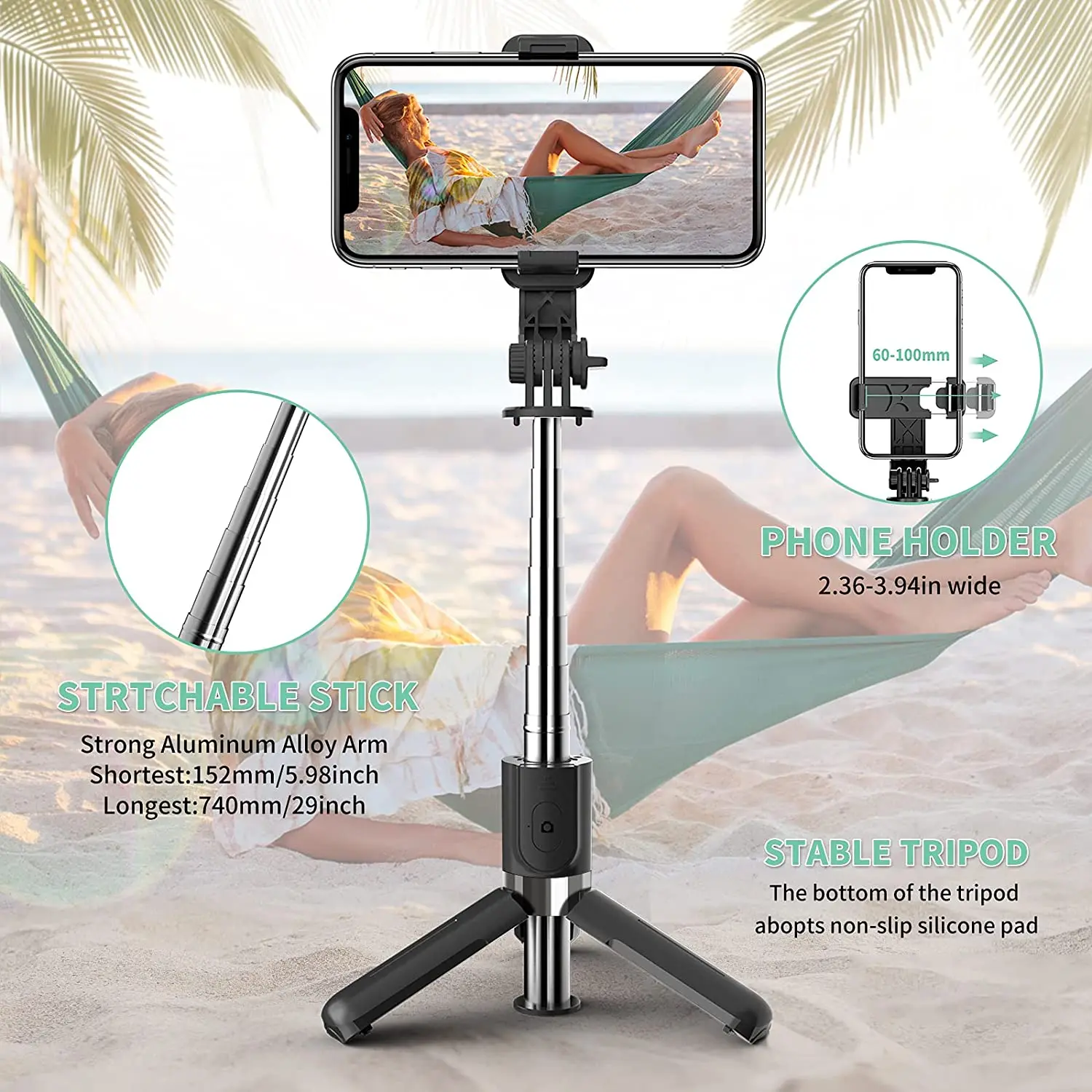 Mini Selfie Stick 4 in 1 Extendable Portable Bluetooth Selfie Stick Tripod & Phone Tripod Stand with Detachable Wireless Remote