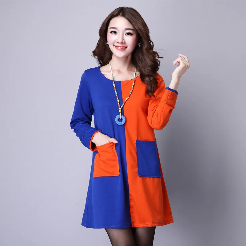 

2017 Spring New Style Fat Mm Loose-Fit Crew Neck Mid-length Artistic WOMEN'S Dress Contrast Color Splicing Dress