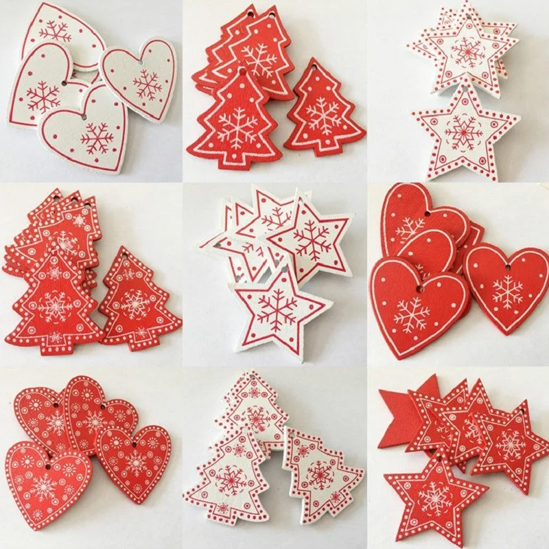 10pcs 5cm White Red Wood Christmas Ornaments Star Heart Christmas Tree Hanging Pendants for New Year Xmas Home Party Decoration