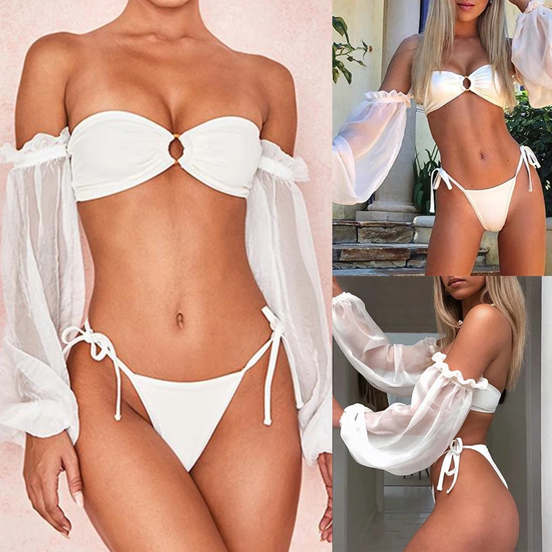 

Sexy Off Shoulder Bikini Set Women O ring Circle Cropped Bandeau Tops Low Waist Bandage Swimsuit 2020 Summer Beachwear