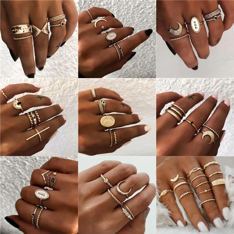 

Wukalo 16 Styles Women Bohemian Vintage Crown Wave Flower Heart Lotus Star Leaf Crystal Opal Joint Ring Party Jewelry Ring set