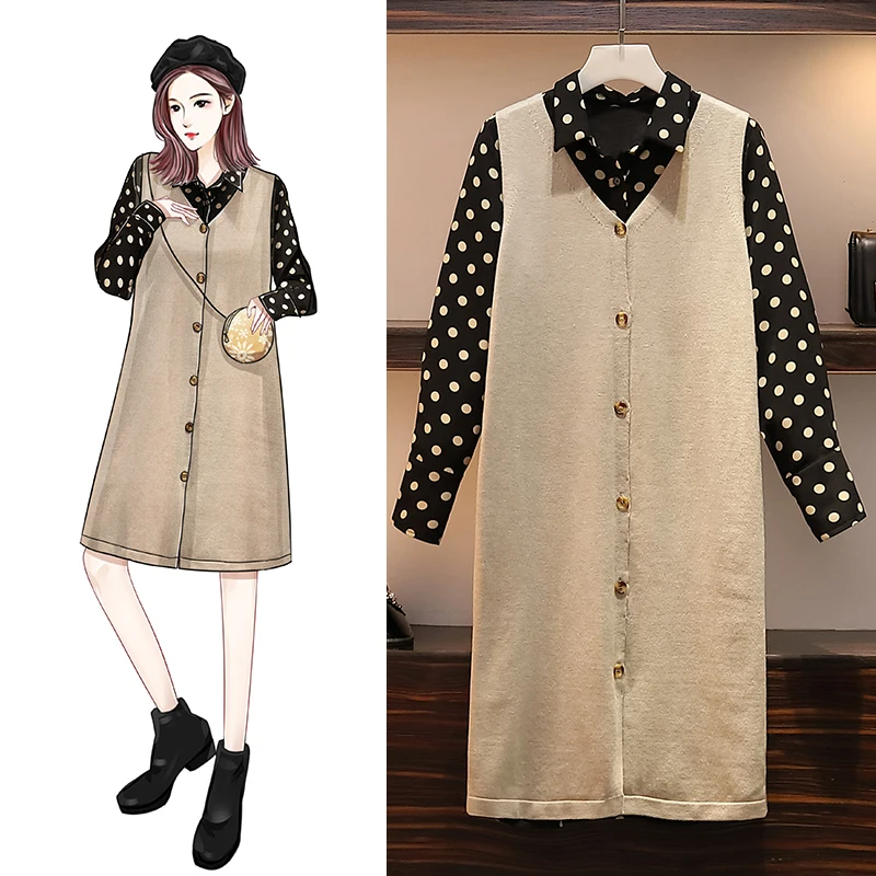 

19 Autumn Dresses New Large Size Women's Dresses Long Sweater Skirt + Point Chiffon Dresses Two-piece Fashion Set