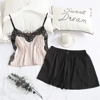 

Satin 2PCS Strap Top&Shorts Bridal Wedding Gift Sexy Women Lace Patchwork Homewear Pajamas Suit Casual Nightwear Sleepwear