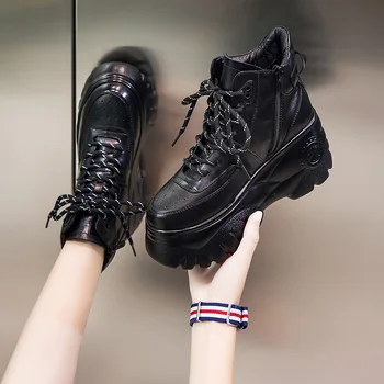 

2019 Thick Sole Women Sneakers Genuine Leather Platform Female Casual Shoes Chunky Sneakers Autumn Winter Women Creepers E18-83