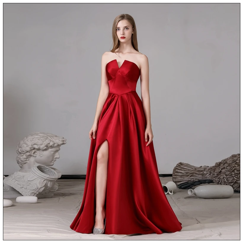 

New Arrival Red Evening Dresses Long 2019 A line Sleeveless Split End Formal Occasion Party Women Prom Dresses