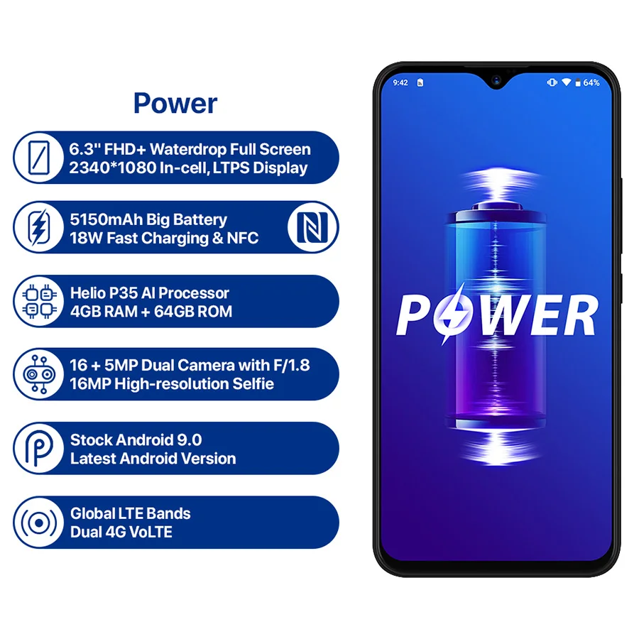 

UMIDIGI Power Android 9.0 5150mAh Big Battery 18W 6.3' FHD+ Waterdrop Screen 4GB+64GB Helio P35 Global Version Smartphone 16MP