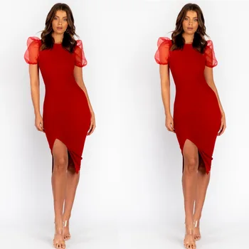 

BacklakeGirls 2020 Elegant Solid Color Round Neck Short Sleeve Midi-length Evening Dress Red Women Dress Robe Rouge