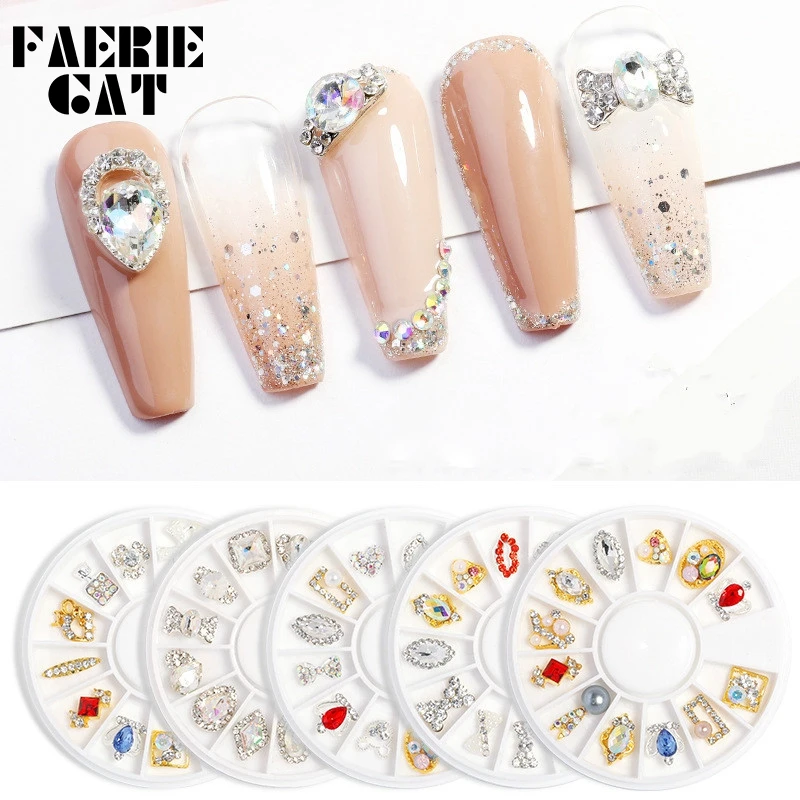 

1 Box Charm Nail Art Alloy Jewelry Rhinestones Symphony Glass Diamond Punk Style Crystal Bow Crown DIY Nail Decorations In Wheel