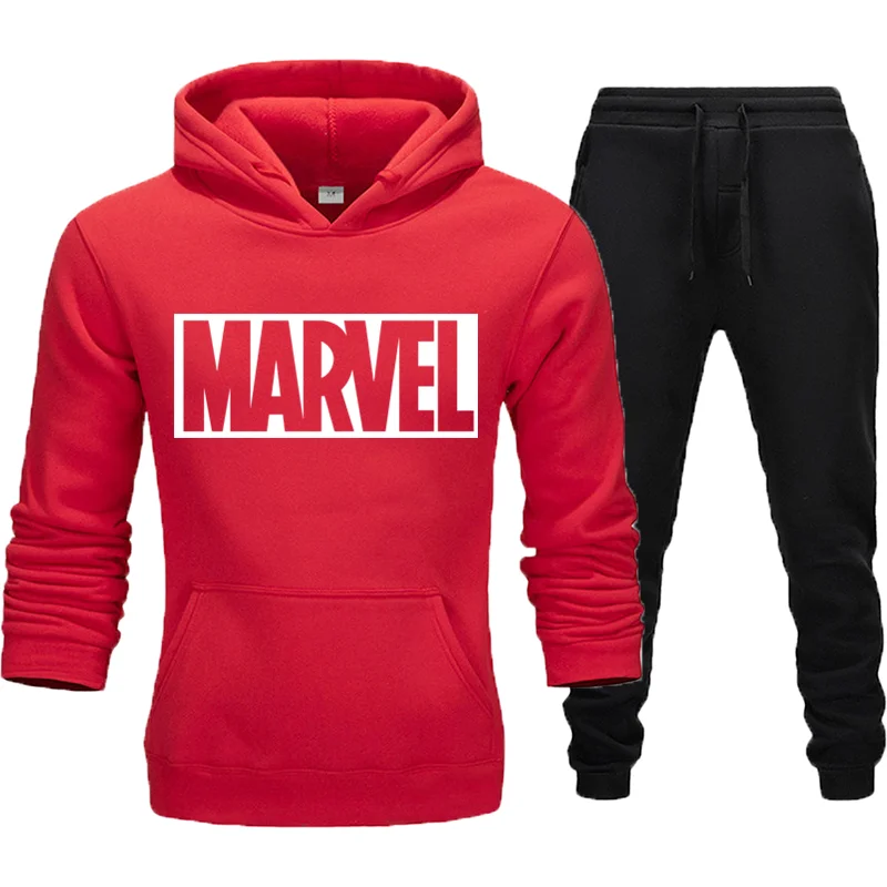 Простой модный мужской костюм с принтом Marvel, спортивный костюм, мужская спортивная одежда, флисовый плотный спортивный костюм с капюшоном и штанами, Азиатский размер - Цвет: red