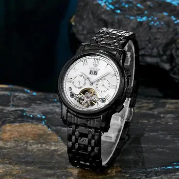 

Luxury Brand Automatic Mechanical Men Watch Fashion Black Calendar Man Wristwatch Tourbillon male bracelet Watch montre homme