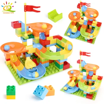 

HUIQIBAO 110pcs Marble Race Run Track Balls Building Blocks Duploed Funnel Slide Big Size Baseplate Friends Bricks Baby Toys
