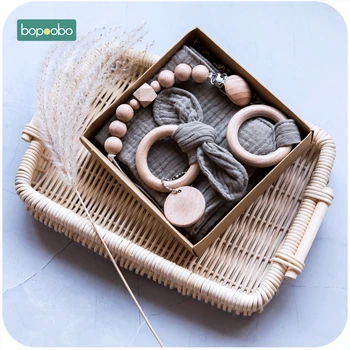 

Bopoobo 3pcs/Set Wooden Teether Bunny Ear Wooden Rings Baby Bib Cotton Towel DIY Wood Pacifier Chain For Nursing Baby Products
