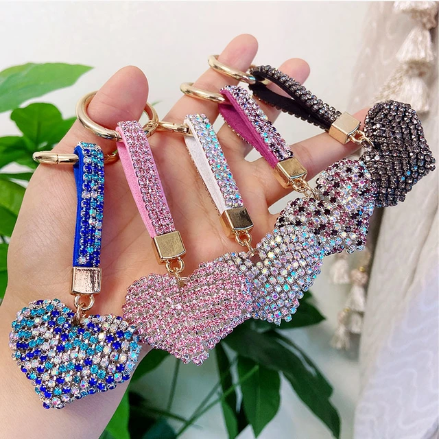 Women Shiny Color Rhinestone Leather Straps Crystal Ball Car Keychains Key  Rings