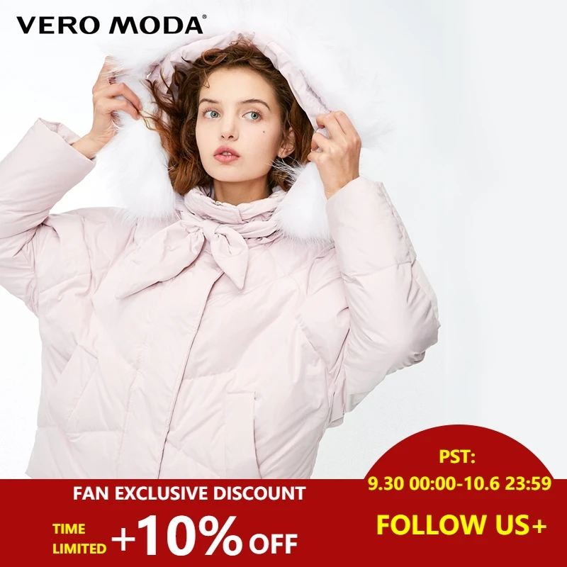 

Vero Moda 2019 Women's Fur Collar Hooded Tie-Up Loose Down Jacket Parka Coat | 318423506