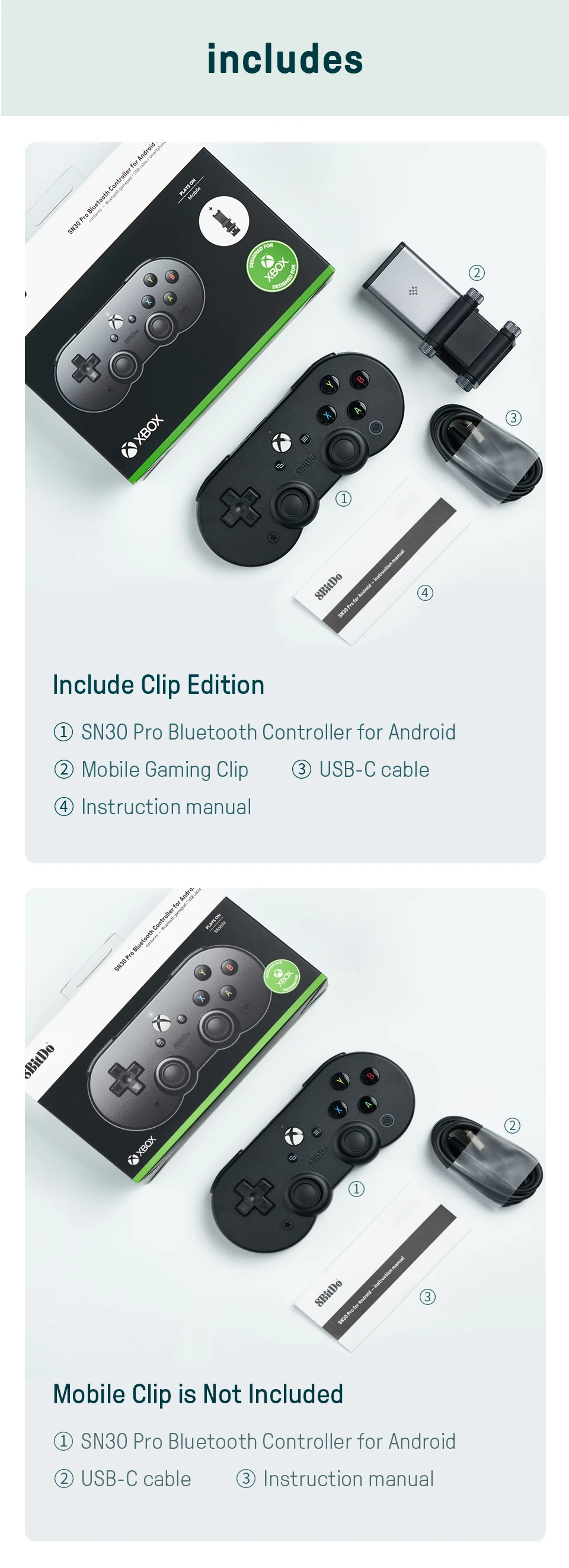 8BitDo SN30 Pro for Xbox cloud gaming on Android includes clip - Android