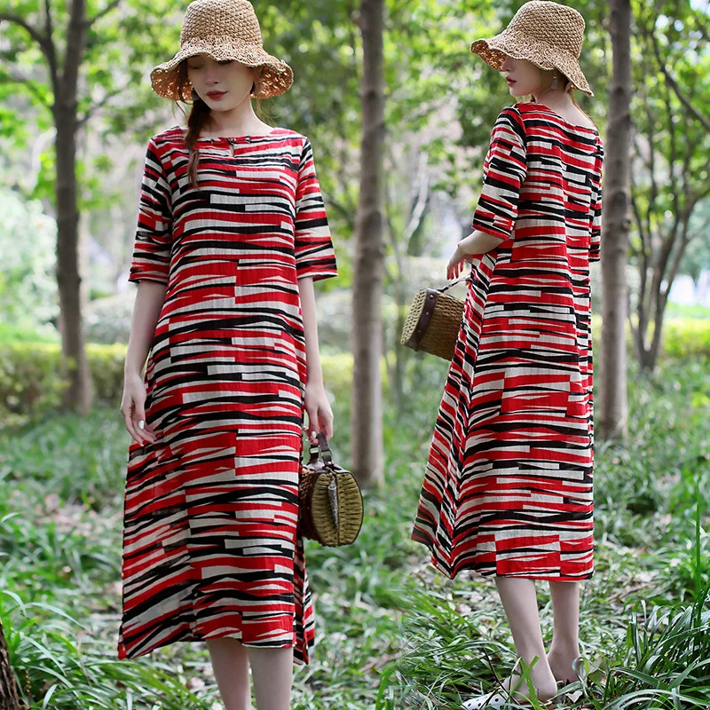 

2019 Summer New Style Cotton Linen Large Size Dress Literature And Art Frog Printed Flax Short Sleeve Big Hemline Dress Women's