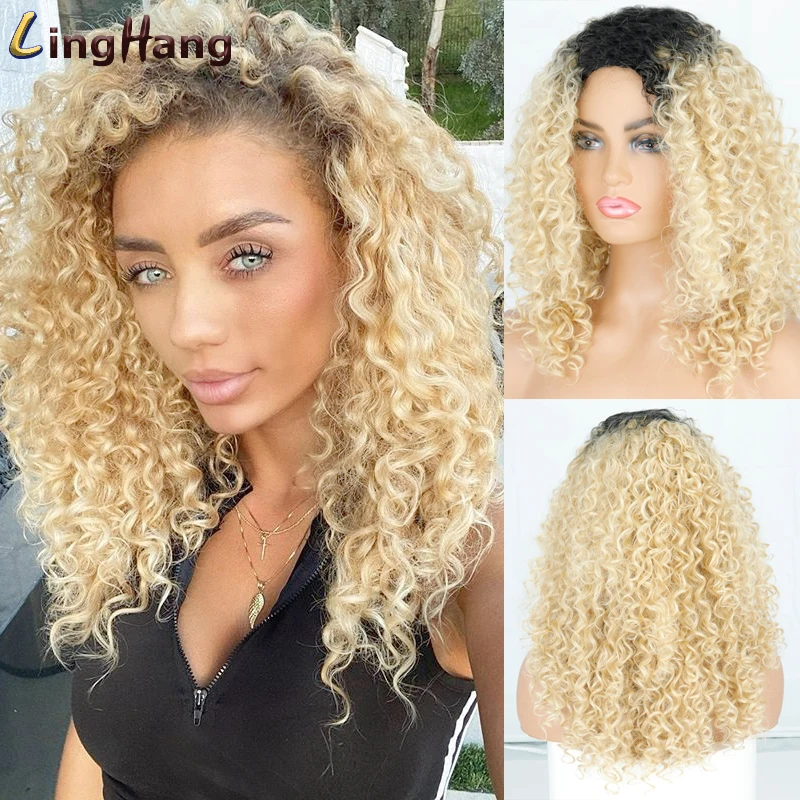 

LINGHANG Short Synthetic Wigs Afro Kinky Curly Wig for Women 10 Colors Available Black Natural Afro High Temperature Hair
