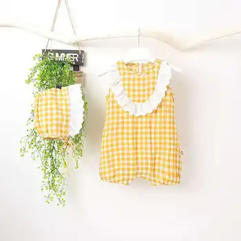 

Summer Baby Wear 2PCS Plaid Lace Sleeve One Piece Harmony Baby Bag Fart Clothes Shorts Creeper + Lace Hat