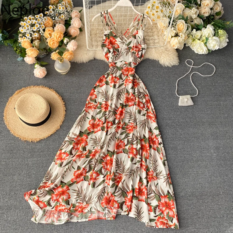 

Neploe 2020 V Neck Floral Print Dress Summer Spaghetti Strap Party Backless Cross Criss Casual Women Beach Elegant Dresses 80959