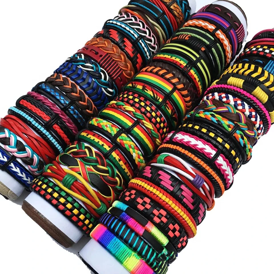 Wholesale 20pcS/50pcs Bulk Leather Charm Bracelets For Men Women Vintage Mix Styles Adjustable Bangle Jewelry Gifts