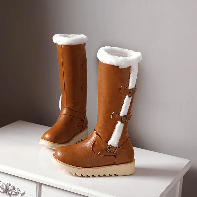 MORAZORA/ г., популярные зимние ботинки женские теплые ботинки до середины икры на толстом меху модная удобная женская обувь на плоской подошве с круглым носком и пряжкой