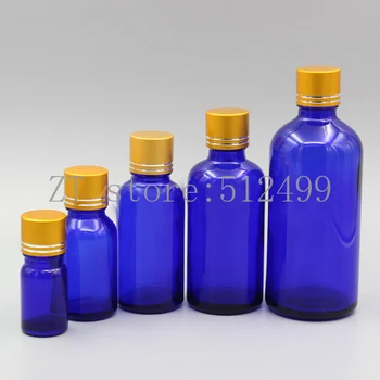

2/10pcs 5ml 10ml 15ml 20ml 30ml 50ml 100ml Empty Blue Glass Perfum Essential Oil Bottles with Gold Tangent Aluminum Cover Cap
