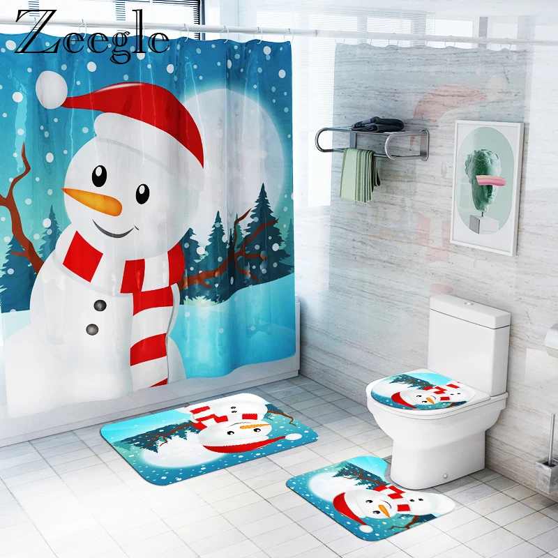 Christmas Bathroom Curtain Waterproof Shower Curtain Anti-slip 3pcs Bath Mat Set Toilet Cover Seat Mat Washable Bathroom Doormat