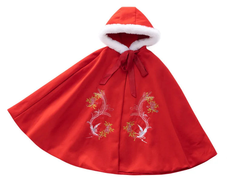 Hanfu/зимняя Длинная накидка с вышивкой для девочек; детская Мантия в китайском стиле; Рождественская накидка с капюшоном; Новогодняя одежда