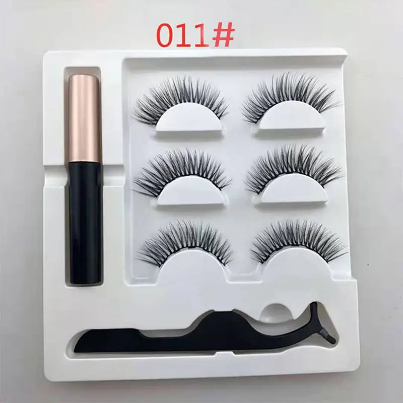 professional 3 Pairs False Eyelashes Set With Tweezer Makeup Kits Magnetic Eyeliner Liquid Thick And Curled Eyeashes - Color: A1