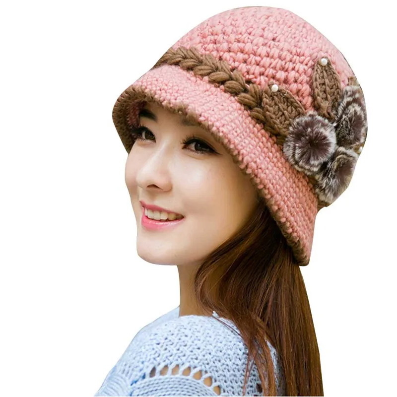 Для женщин шляпа и тюрбан шапка, сезон осень-зима новинка, кепка, кепки модные женские туфли леди зимний теплый вязанный вязаные украшенные цветами ушами на капюшоне - Цвет: Pink