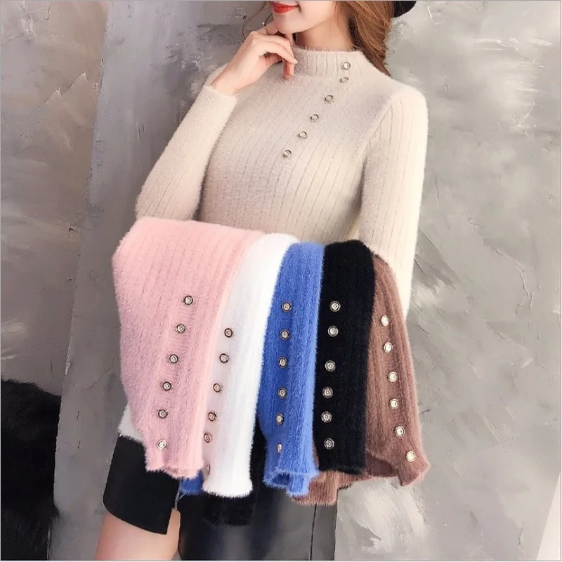

Faux Mink Velvet Button Bottom Slim Sweaters Women Warm Knitted Sweater Pullover Female Spring High Collar Solid Color